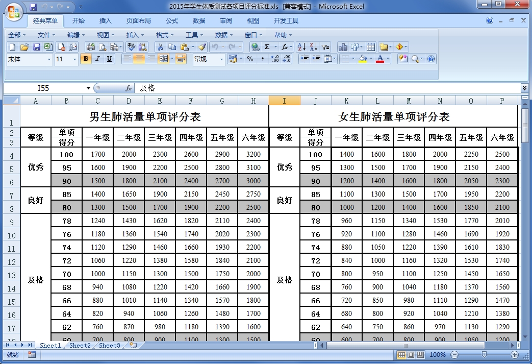 大学生体测标准评分表2021